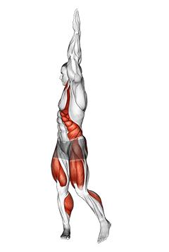 Squat to Overhead Reach with Twist exercise demonstration for Plyometrics, Body weight