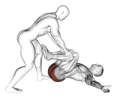 Assisted Lying Hip Stretch In Supine Position exercise demonstration for Hips, Body weight