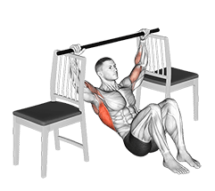 Pull-up with Bent Knee between Chairs exercise demonstration for Back, Body weight