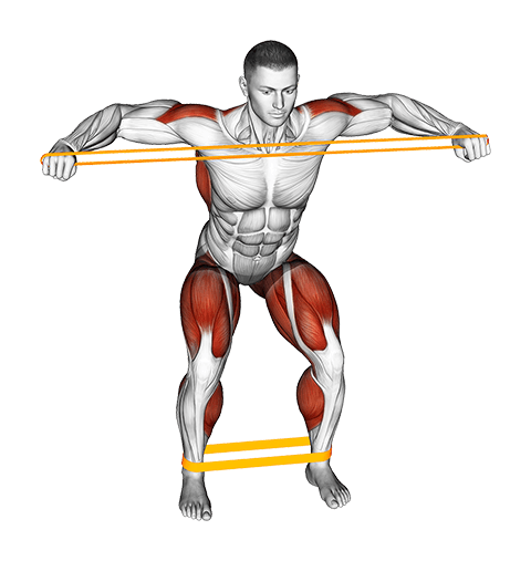 Resistance Band Squatting Front Warming-up exercise demonstration for Thighs, Resistance Band